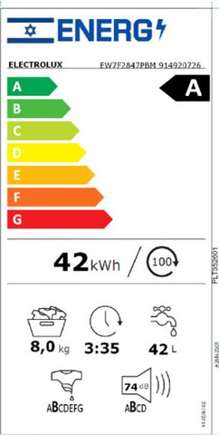 מכונת כביסה פתח חזית 8 ק"ג 1200 סל"ד Electrolux EW7F2847PBM