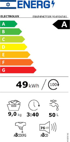מכונת כביסה פתח חזית 9 ק"ג 1400 סל"ד Electrolux EN6F4947FXM