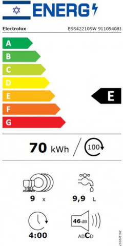 מדיח כלים צר 45 ס"מ לבן Electrolux ESS42210SW