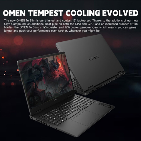 מחשב נייד HP OMEN 16-SLIM GAMING ULTRA 9 AI 285H דיסק 512SSD זיכרון 16GB ומסך 16" עם כרטיס מסך RTX 5060 8GB צבע שחור מרהיב , מקלדת RGB