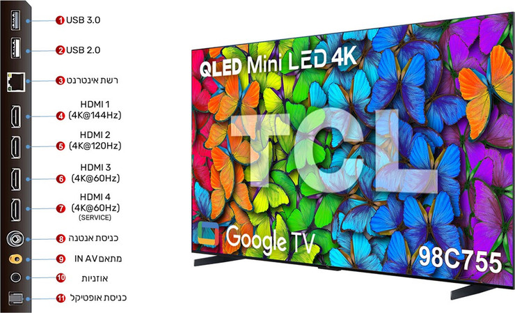 QLED Mini LED 4K, Google TV 98C755 טיסיאל מסך '98