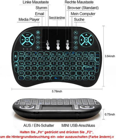 מיני מקלדת אלחוטית מוארת עם משטח מגע (Touchpad) וסוללה נטענת שפות עברית+אנגלית