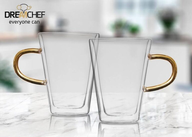 סט מאגים DreamChef זכוכית שכבה כפולה ידית זהב 300ml