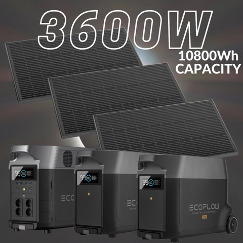 סט תחנת כוח ניידת 3600Wh כולל 2 סוללת הרחבה ו-3 פאנלים סולאריים Ecoflow 540W אקופלואו EF DELTA PRO +2EB + 1620FIX