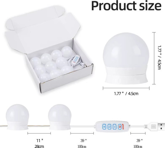 8 נורות LED למראת איפור - עמעום 9 רמות, תאורת הוליווד USB 5V