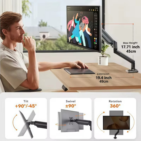 זרוע מסך למחשב שולחני: ארגונומית (13-32 אינץ') עם סיבוב 360° צבע שחור
