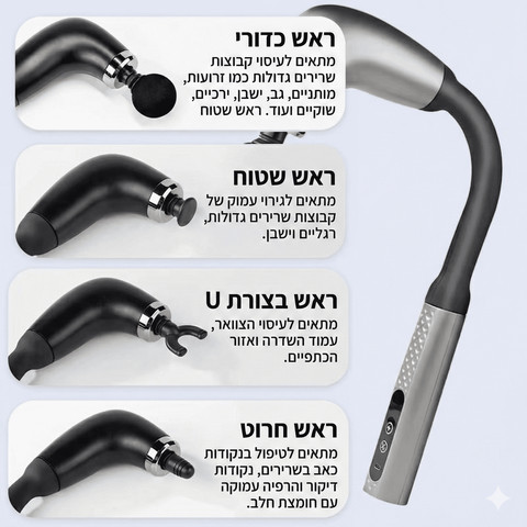 אקדח עיסוי מקצועי לגב ולצוואר עם ידית ארוכה – כולל 4 ראשי עיסוי