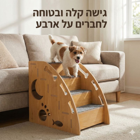 מדרגות עץ 4 שלבים לכלב או לחתול, עם שטיח למניעת החלקה