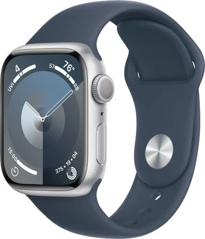 שעון חכם Apple Watch 41mm Series-9 GPS צבע שעון Silver Aluminum Case צבע רצועה Storm Blue Sport Band גודל רצועה M/L