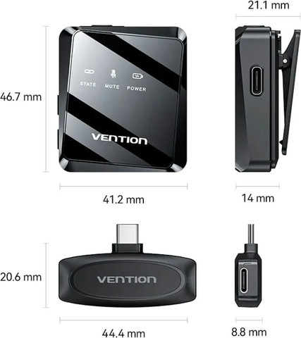 מערכת מיקרופון דש אלחוטי Clip-On עם מקלט Vention 32KHz USB-C NCBB0
