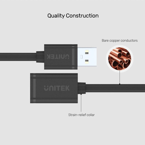 כבל USB2.0 UNITEK Type-A (M) ל-Type-A (F) באורך 5 מטר בצבע שחור