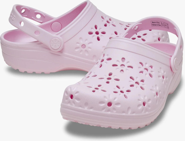 Crocs Classic Floral Cut Out Clog - כפכפי קרוקס לנשים בצבע ורוד חלבי