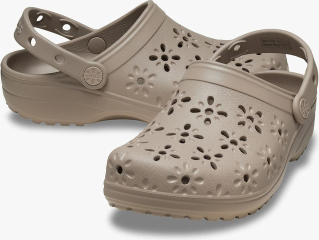 Crocs Classic Floral Cut Out Clog - כפכפי קרוקס לנשים בצבע טאופ