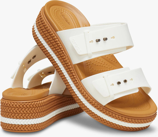 Crocs Brooklyn Woven Buckle - כפכפי פלטפורמה קרוקס לנשים עם סוליה קלועה בצבע לבן גיר