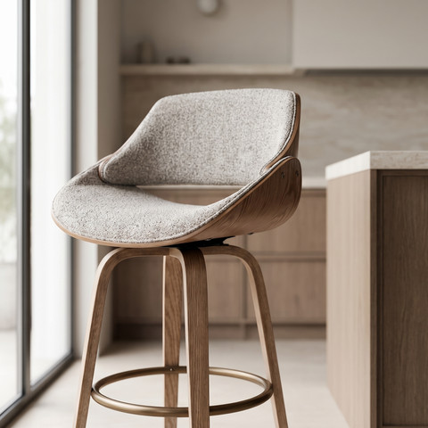 2 כיסאות בר עץ מלא בשילוב ריפוד בד בהיר עם משענת נמוכה