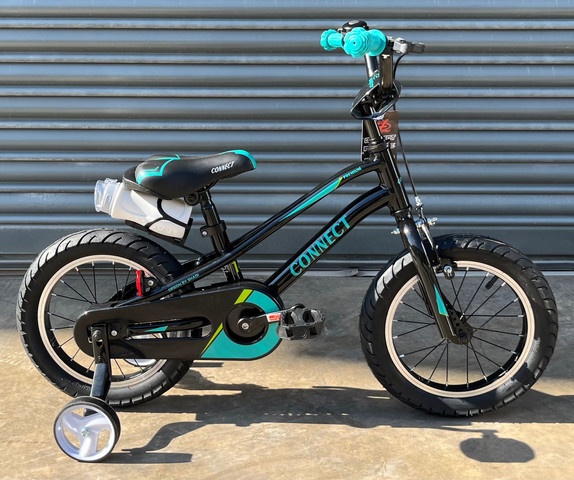 אופניים לילדים קונקט פרימיום Connect Premium שלדת אלומיניום, גלגלי "12 וגלגלי עזר לגילאי 2.5-3 - שחור/טורקיז