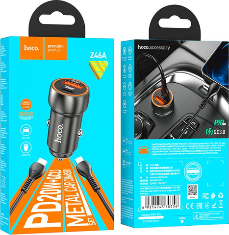ראש מטען רכב כפול 38W חיבור PD Type-C וחיבור USB A עם כבל לאייפון Hoco Z46A