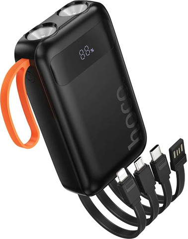 מטען נייד סוללת גיבוי ניידת 10,000mAh עם 4 כבלים מובנים, 2 פנסים וידית נשיאה Hoco J151 שחור