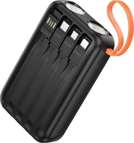 מטען נייד סוללת גיבוי ניידת 10,000mAh עם 4 כבלים מובנים, 2 פנסים וידית נשיאה Hoco J151 שחור