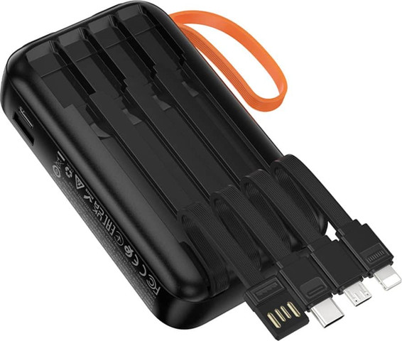 מטען נייד סוללת גיבוי ניידת 10,000mAh עם 4 כבלים מובנים, 2 פנסים וידית נשיאה Hoco J151 שחור