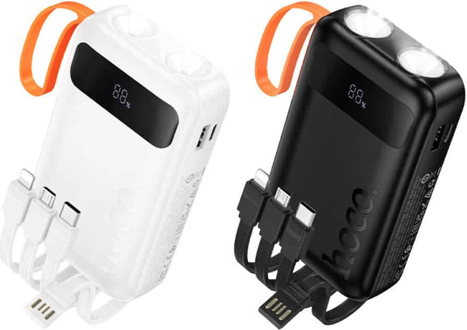 מטען נייד סוללת גיבוי ניידת 10,000mAh עם 4 כבלים מובנים, 2 פנסים וידית נשיאה Hoco J151 שחור