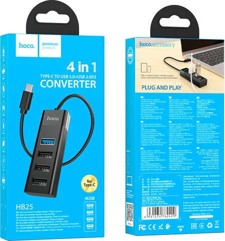 מפצל Type-c to USB3+USB2 X3 USB 4 in 1 תמיכה OTG דגם Hoco HB25