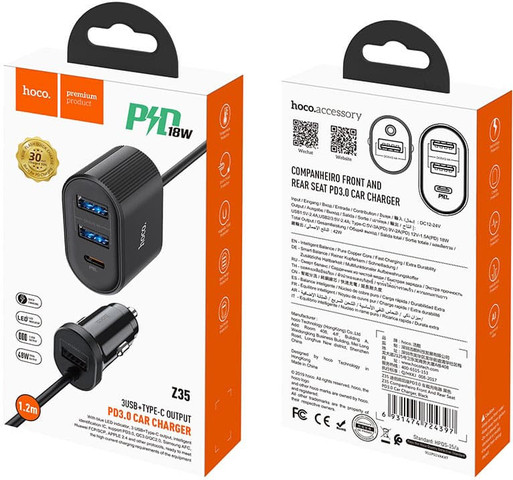 מטען לרכב 3 יציאות USB + יציאת Type-C עם תמיכה בטעינה מהירה מבית Hoco Z35 Companheiro