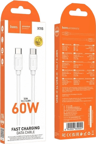 כבל טעינה וסנכרון מהיר אורך 1 מטר חיבור USB-C ל USB-C דגם Hoco X115 60W