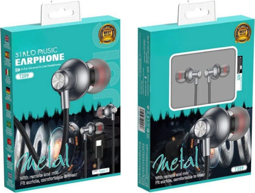 אוזניות In-Ear Type-C עם גומי סאונד סטריאו עשיר ומיקרופון מובנה כבל TPE שזור T209