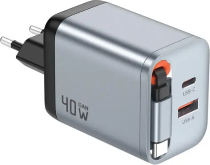 מטען קיר GaN מהיר 40W יציאה כפולה USB-C ו-USB-A עם כבל נשלף USB-C מבית Green Lion