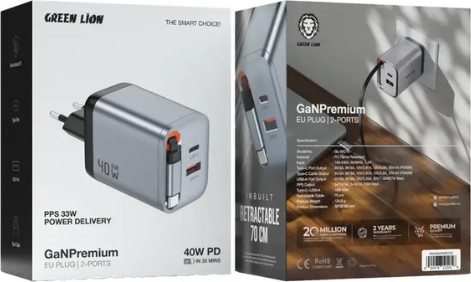 מטען קיר GaN מהיר 40W יציאה כפולה USB-C ו-USB-A עם כבל נשלף USB-C מבית Green Lion