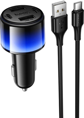מטען רכב 24W עם 4 יציאות וכבל Type-C תאורת לד צבעונית דגם HOCO Z69