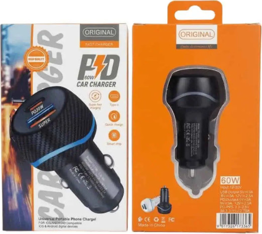 מטען רכב מהיר 60W עם שתי יציאות USB-A ו USB-C דגם RK02