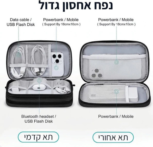 תיק אחסון ארגונית כבלים ואביזרים כפולה ועמידה במים BG01 אפור