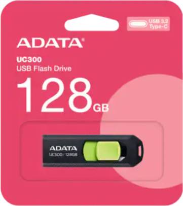 זיכרון נייד USB-C דגם UC300 נפח 128GB מבית Adata צבע שחור ירוק