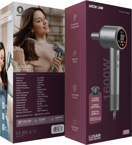 מייבש שיער עוצמה 1600W עם תצוגה דיגיטלית Green Lion Luxair אפור