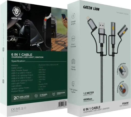 כבל 6 ב-1 עם תאורת LED וראש הצתה 60W Green Lion אפור