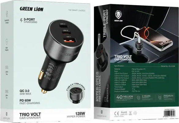 מטען לרכב 128W שלושה פורטים Green Lion Trio Volt Car Charger