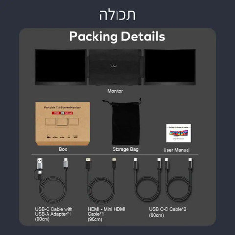 מסך נייד כפול 14 אינץ' IPS 1920×1200 USB-C + HDMI TRIVIEW S7-C