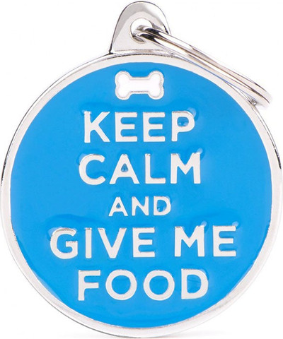 תג שם לכלב עם חריטה צארמס KEEP CALM AND GIVE ME FOOD
