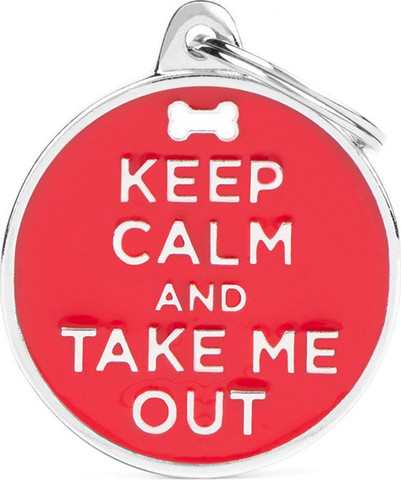 תג שם לכלב עם חריטה צארמס KEEP CALM AND TAKE ME OUT