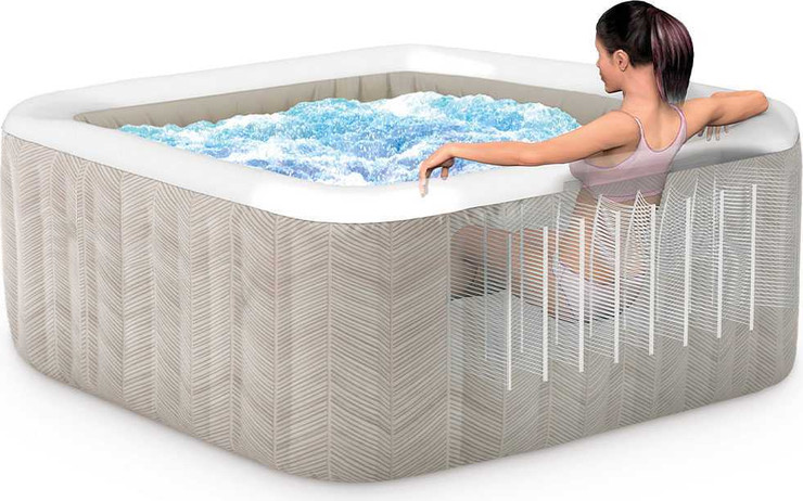 ג׳קוזי מתנפח INTEX מרובע בקוטר 1.75 מ׳ – מתאים ל־4 אנשים, בעיצוב שברון לבן יוקרתי