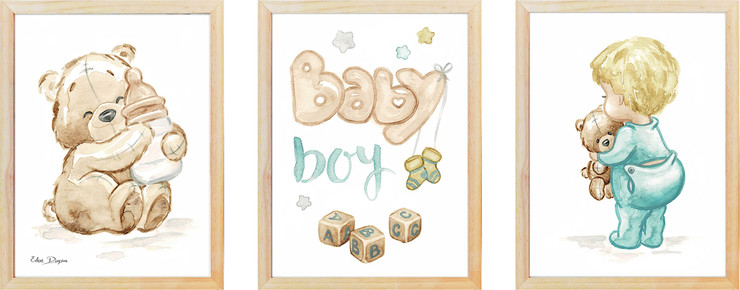 סט שלישיית ציורי Baby boy מסגרת עץ גודל 21/27 ס"מ
