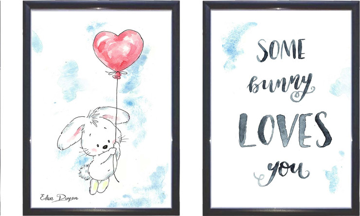 סט זוג ציורי ארנב ובלון "Some bunny loves you" מסגרת שחורה גודל A4