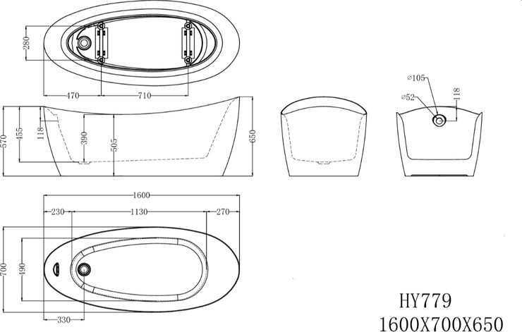 אמבטיה עומדת FREE STANDING דגם לונה 160/70 לבן מבריק