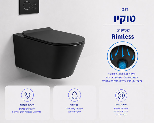 אסלה תלויה טוקיו מעוגלת אורך 48 ס"מ צבע שחור מט עם שטיפת רימליס ומושב קשיח טריקה שקטה ונשלף