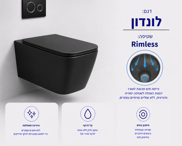 אסלה תלויה לונדון מלבנית אורך 52 ס"מ צבע שחור מט עם שטיפת רימליס ומושב קשיח טריקה שקטה ונשלף