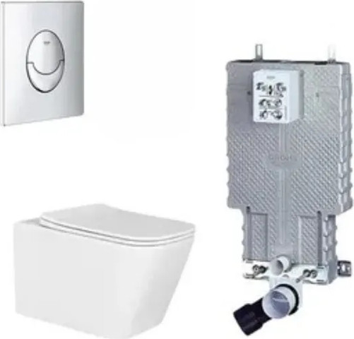 סט מיכל הדחה 38825000 סמוי GROHE לקירות בלוקים ובטון עם לחצן אובלי ניקל מבריק ואסלה תלויה מלבנית Rimless פאולו לבן מבריק ומושב טריקה שקטה