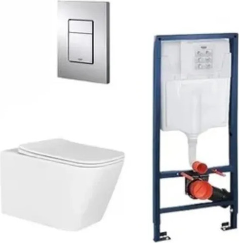 סט מיכל הדחה 38536001 סמוי GROHE לקירות גבס עם לחצן מלבני ניקל מבריק ואסלה תלויה מלבנית Rimless פאולו לבן מבריק ומושב טריקה שקטה