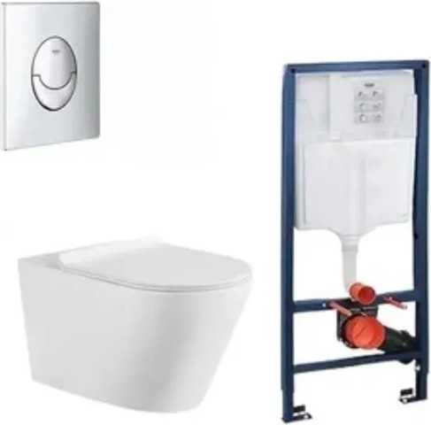 סט מיכל הדחה 38536001 סמוי GROHE לקירות גבס עם לחצן אובלי ניקל מבריק ואסלה תלויה מעוגלת Rimless רומא לבן מבריק ומושב טריקה שקטה